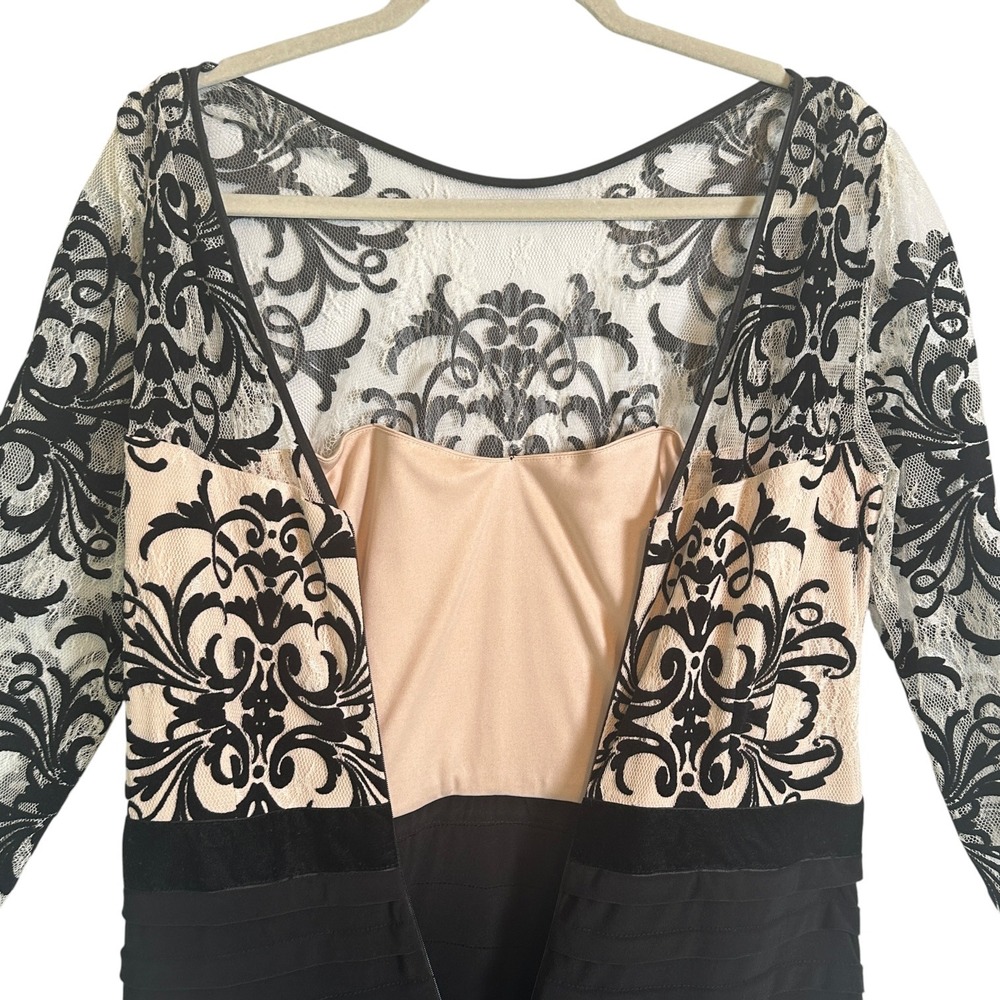 Betsy & Adam Dress Lace Damask Tiered Bandage Long Sleeve Black Nude 14 Cocktail - Picture 9 of 11